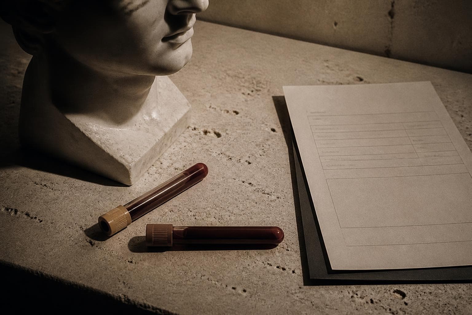 Blood work vials and a laboratory requisition on travertine beside a marble bust