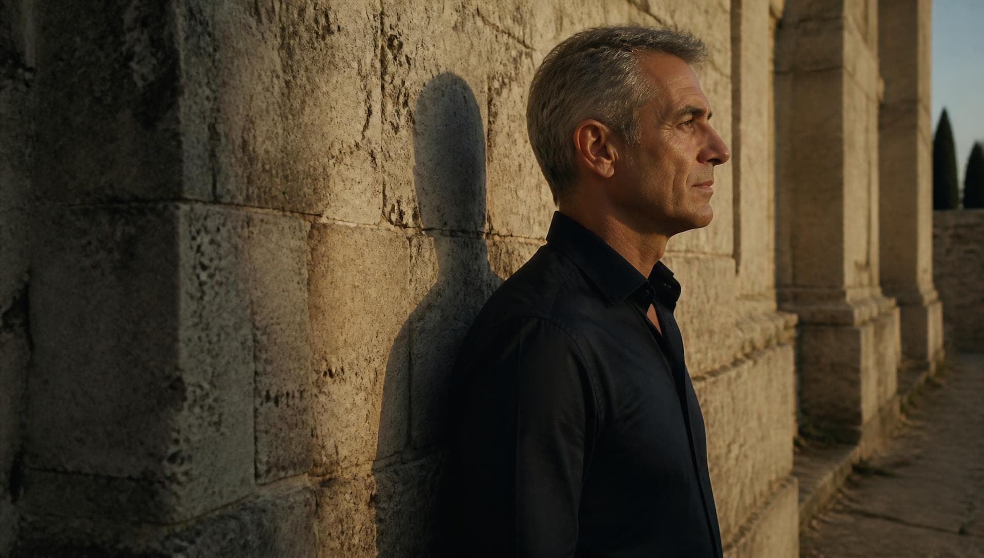 Man in profile beside a limestone wall in late afternoon light