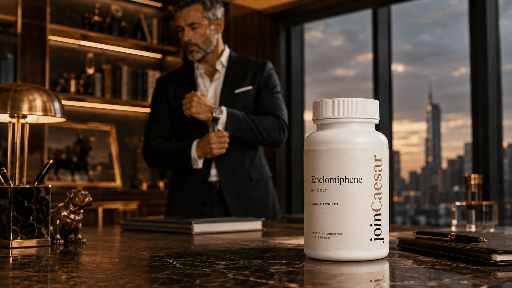 Enclomiphene bottle on a marble desk with a man adjusting his cuff in a city penthouse office at dusk
