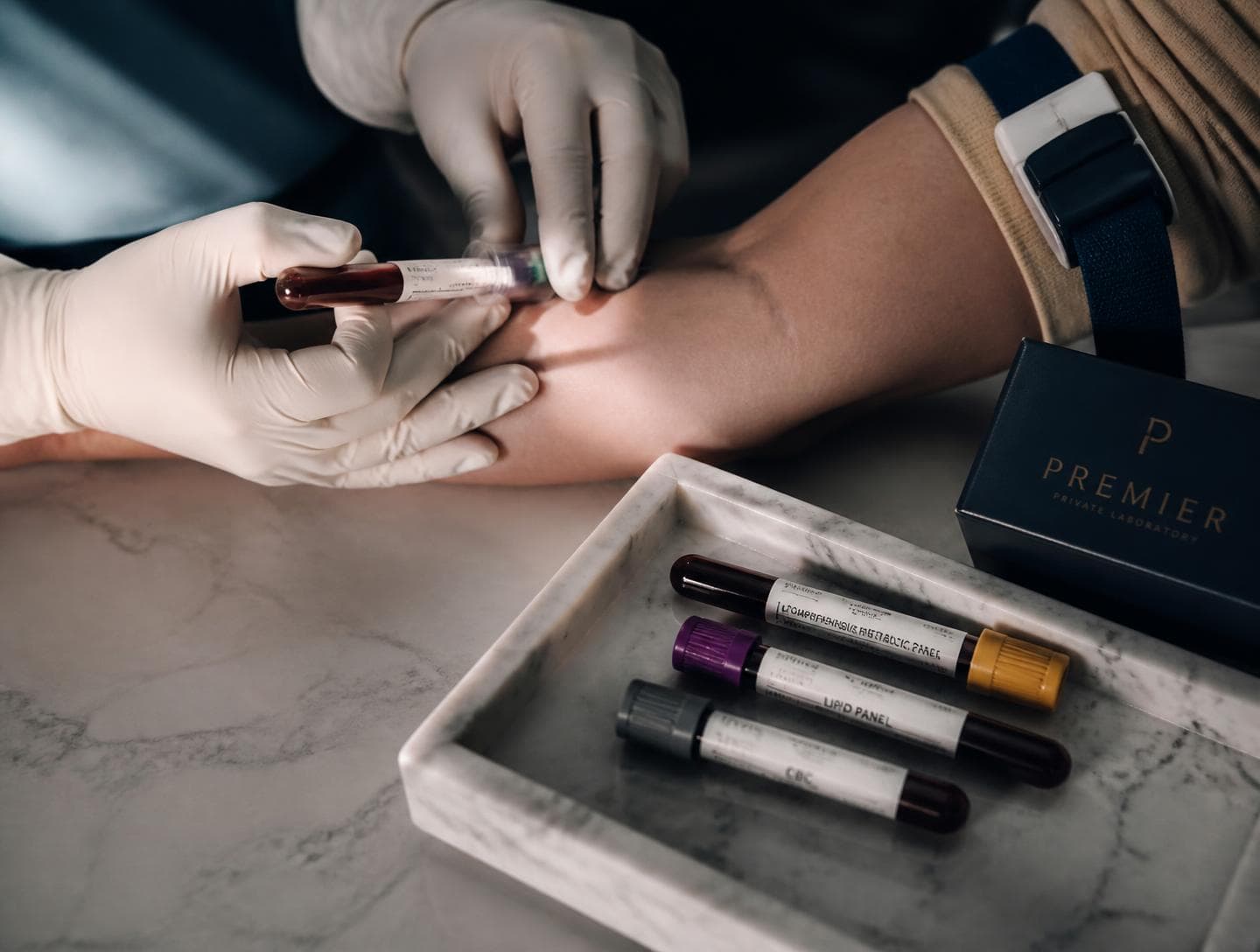 Blood collection tubes on a stone laboratory surface