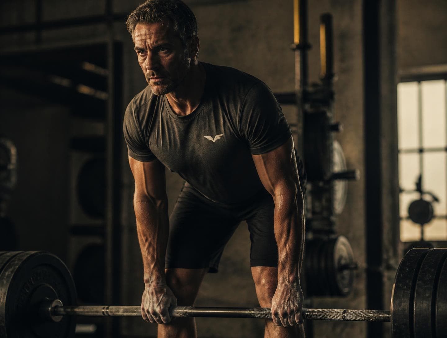 Man mid-set with a loaded barbell in a stone-walled gym