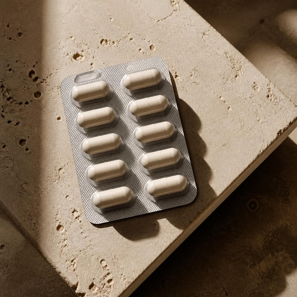 Unbranded softgel capsules on a travertine slab