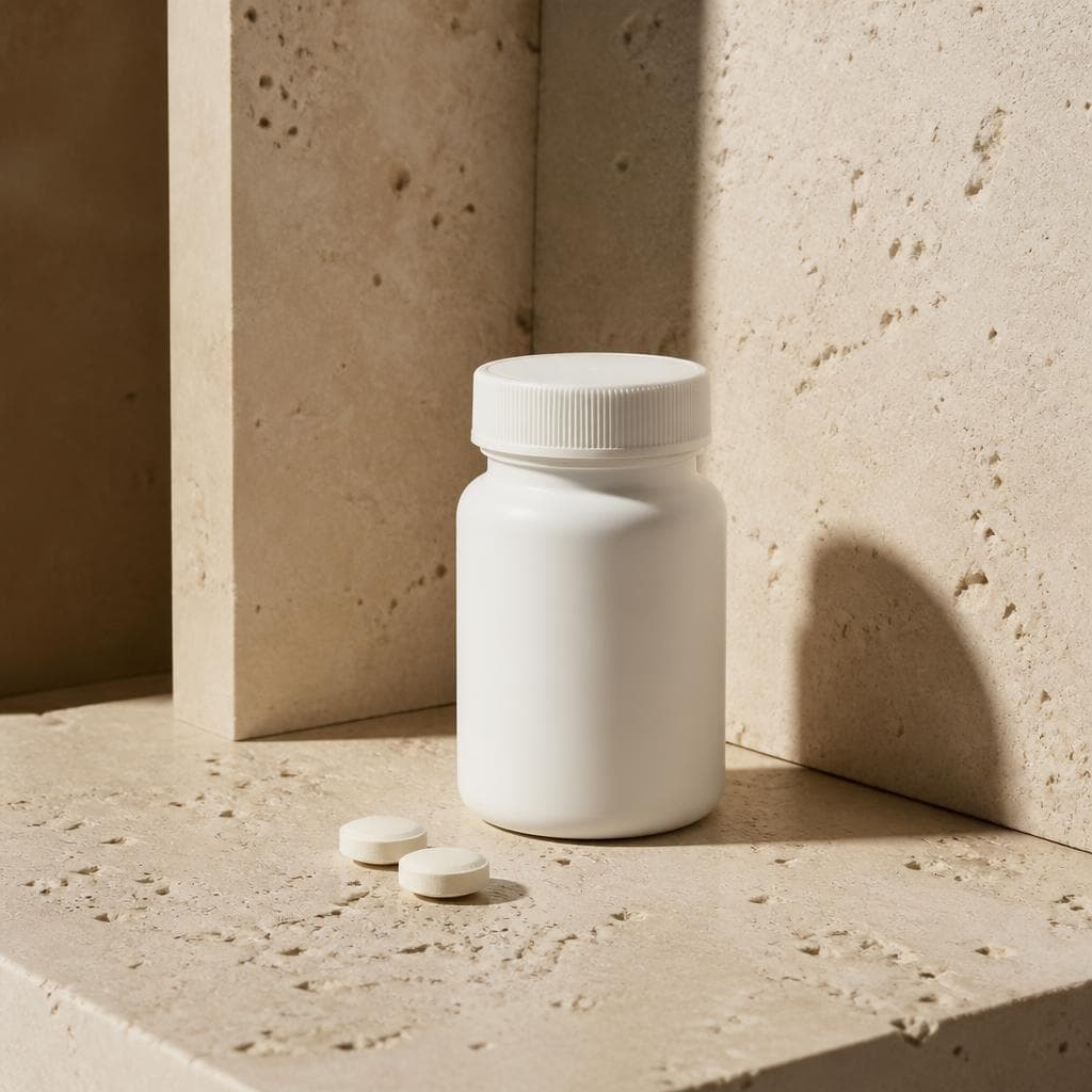 White unbranded sublingual tablet on travertine stone