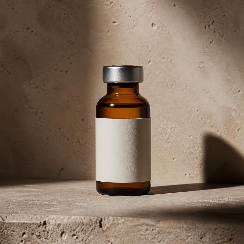 Amber glass injectable medication vial on travertine stone