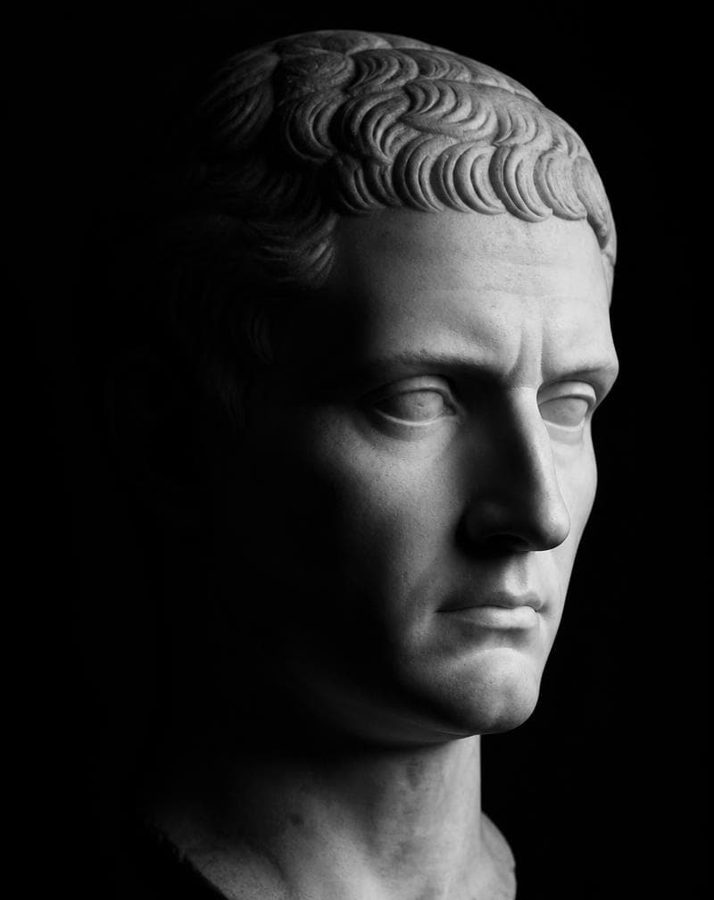 Marble bust in profile against a shadowed stone wall
