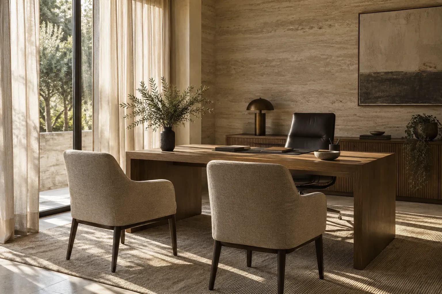 An empty consulting room with a travertine wall and oak desk in afternoon light