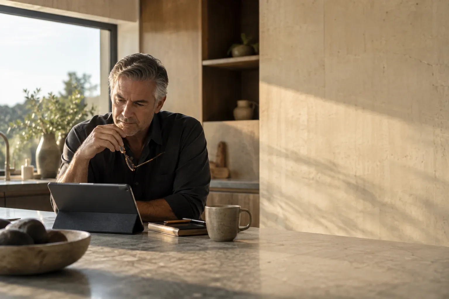 A man reading at a kitchen counter in morning light