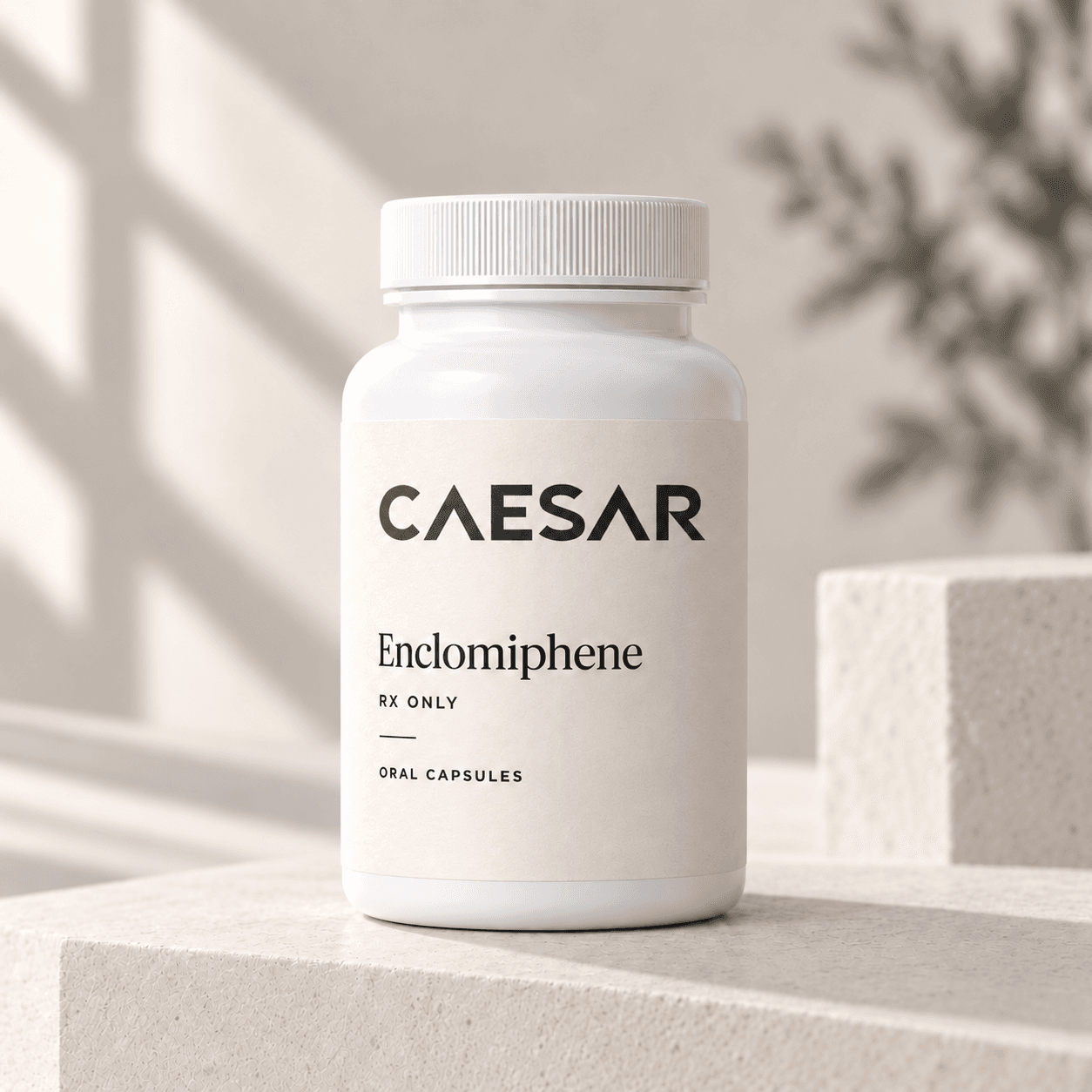 White bottle with an ivory Caesar Enclomiphene label on pale stone