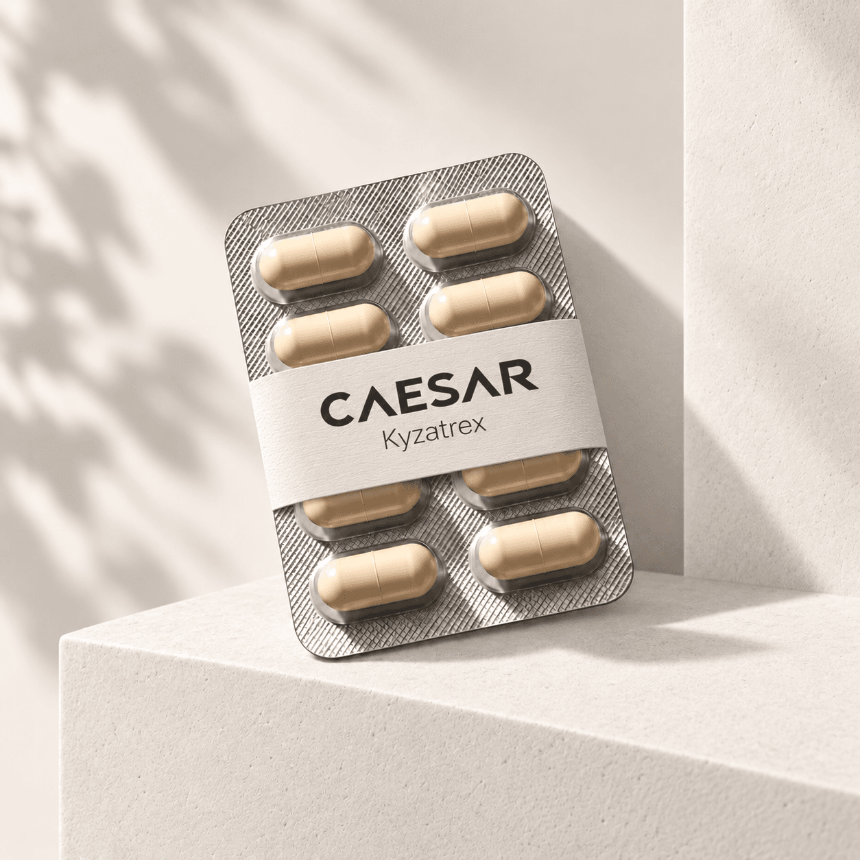 Capsule blister pack with an ivory sleeve labeled Caesar Kyzatrex