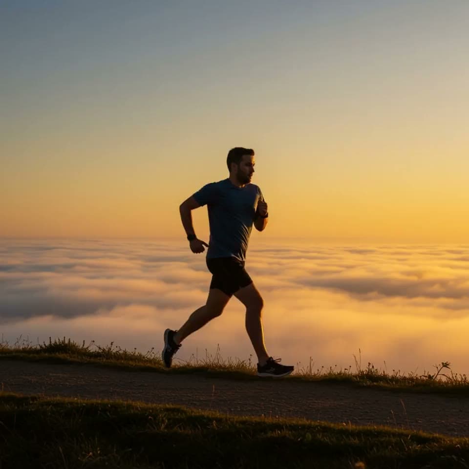 A man running along a ridge path above the clouds at sunrise.